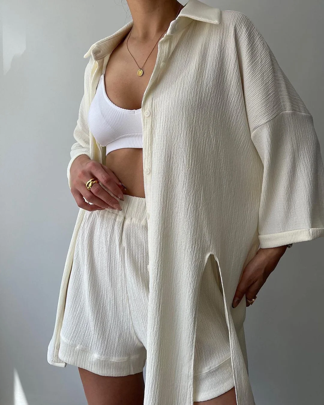 Nigikala Nigikala New Personalized Open Fork Mid-Sleeve Shirt Shorts Set