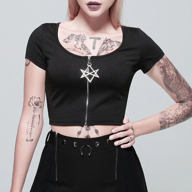 Summer Women Black Crop Tops Star Zipper Short Sleeve Gothic Tops Solid Basic Lady Short Tshirts Casual Bodycon Female Tops