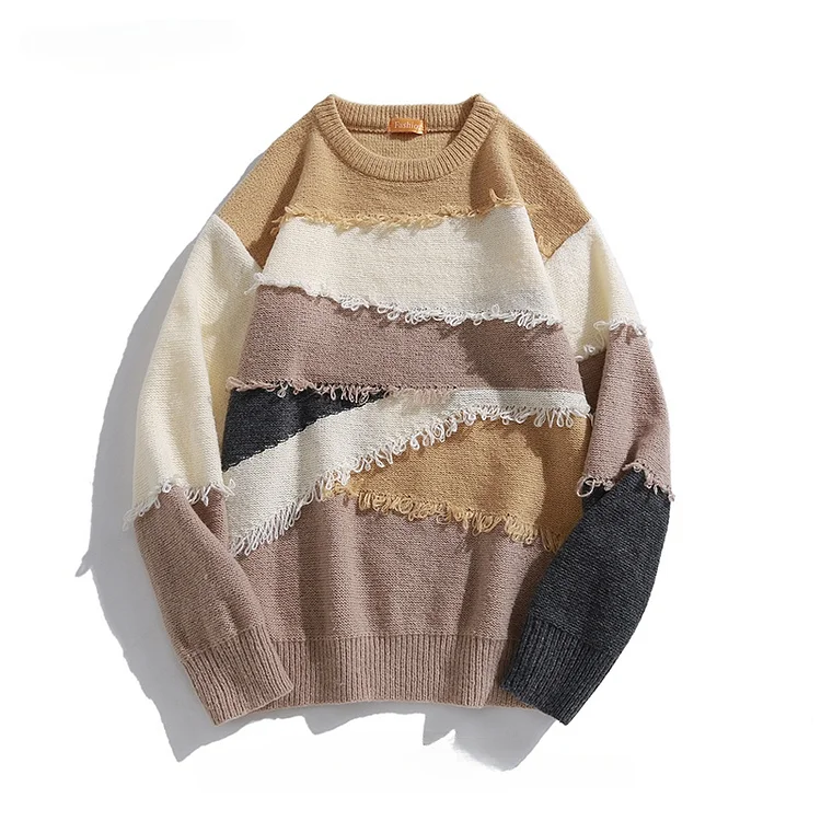 Demandernyc Autumn Winter Korean Style Color-blocked Raw-edged Knitted Sweaters for Men/Women Streetwear Tassel Casual Loose Pullovers Tops