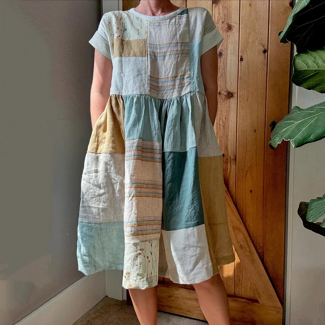 Women’s Vintage Japanese Stripe Patchwork Art Midi Dress