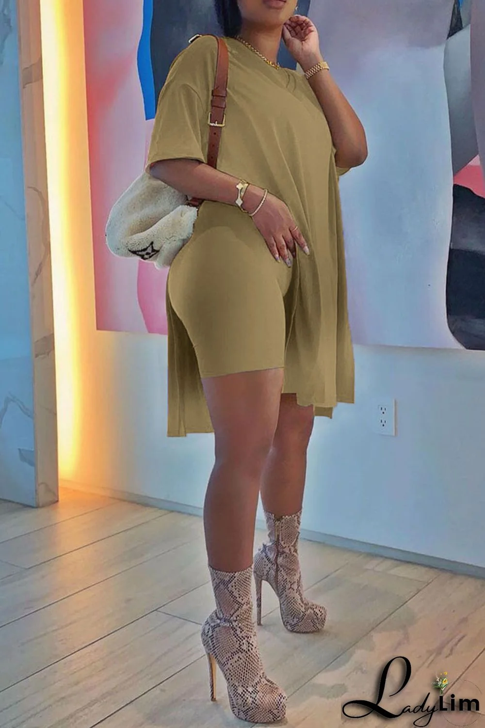 Grey Casual Solid Patchwork Slit O Neck Short Sleeve Two Pieces