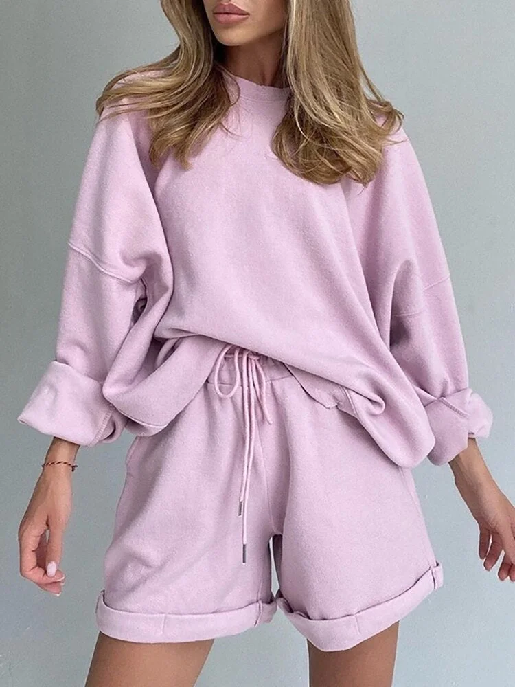 Women Long Sleeve Tracksuits Two Piece Set Autumn Sweatshirt and Shorts Suits Casual Loose 3 Pieces Outfit Solid Streetwear Sets