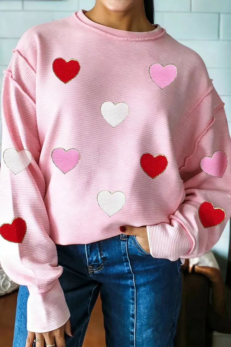 Ribbed Texture Chenille Heart Glitter Trim Patched Long Sleeve Top