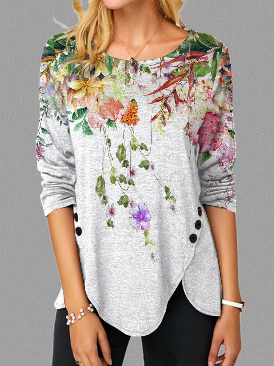 Abstract Colorful Flowers Graphic Long Sleeve Round Neck Loose Top