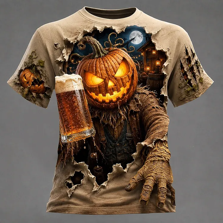 Men's Retro Halloween Pumpkin Face Pattern Casual T-shirt