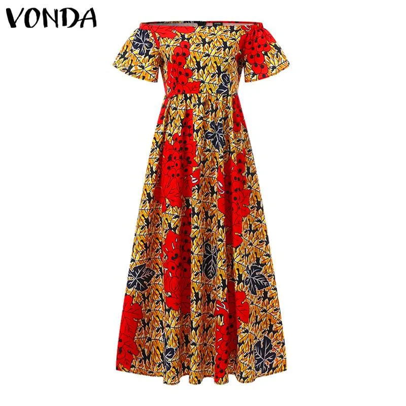 VONDA Summer Women Flare Sleeve Party Dress Vintage Printed Sexy Off Shoulder Pleated Robe Lady High Waist Short Sleeve Sundress