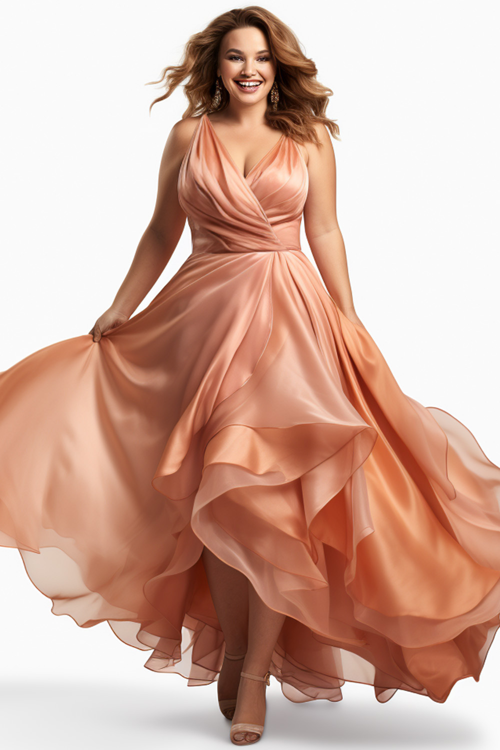 Flycurvy Plus Size Wedding Guest Orange Organza Wrap Cami Maxi Dress 2024 - Flycurvy 