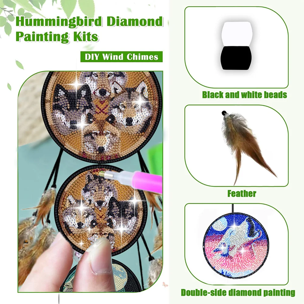 DIY Wolf Feather Wind Chime Diamond Art Hanging Pendant for Home Window Decor