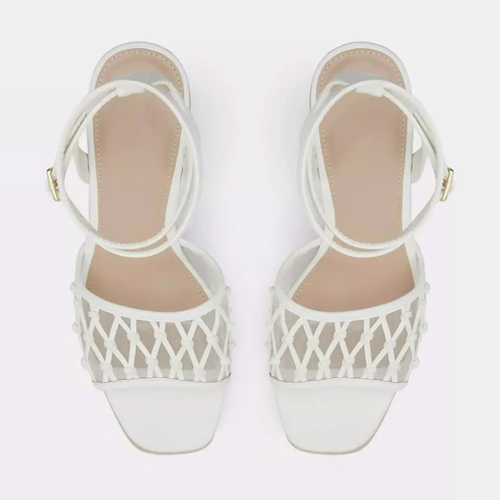 White Fishnet Open Toe Platform Espadrille Wedge Sandals for Women