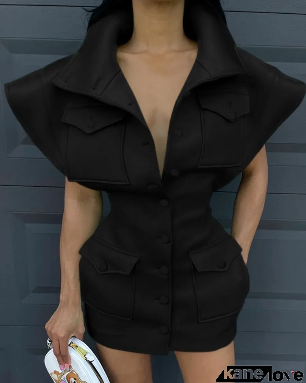 Winter Black Wide Shoulder Button Up Mini Dress with Pockets