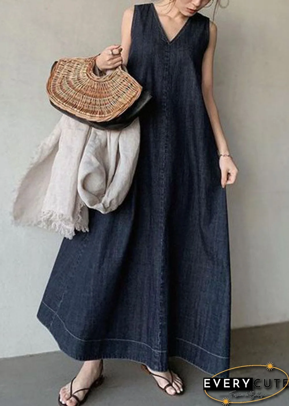 Bohemian Navy V Neck Cold Shoulder Cotton Denim Dress Sleeveless