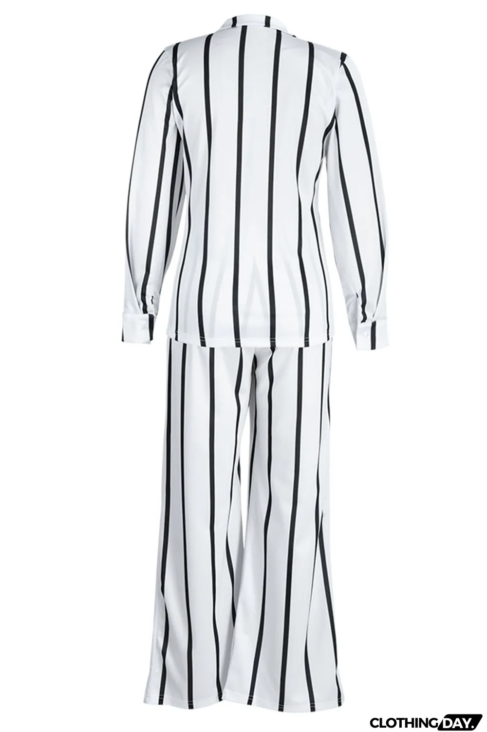White Casual Striped Print Patchwork Turndown Collar Long Sleeve Two Pieces