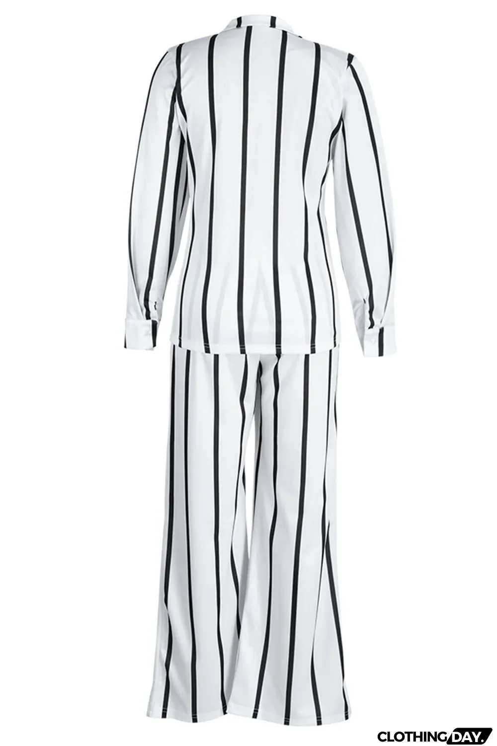 White Casual Striped Print Patchwork Turndown Collar Long Sleeve Two Pieces