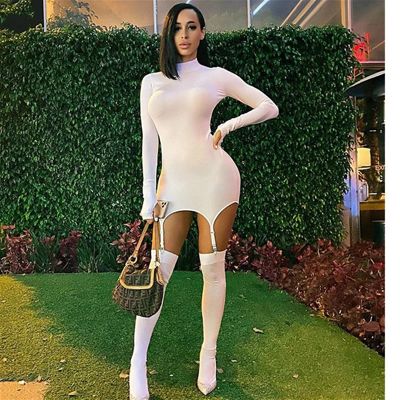 Two Piece Sets Women 2021 Autumn Solid Color Long Sleeve Bodycon Mini Dress with Garter Stockings Club Sexy Dress Sets Female