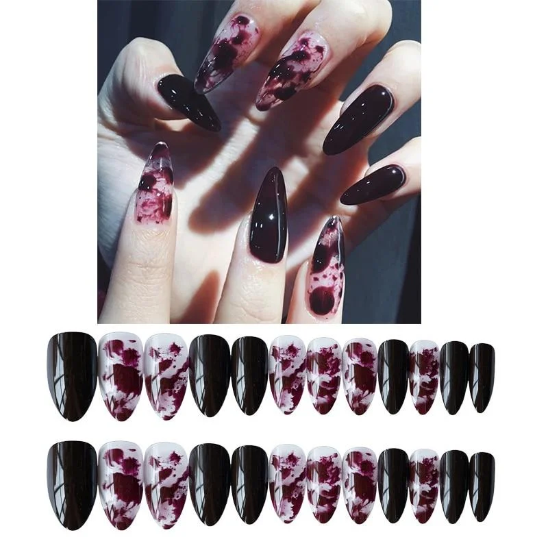 24pcs/Set Pre-designed European Ink False Nails Long Stiletto Fake Nails Artificial Press on Nail Decal Art Tips Manicure Tools 1006