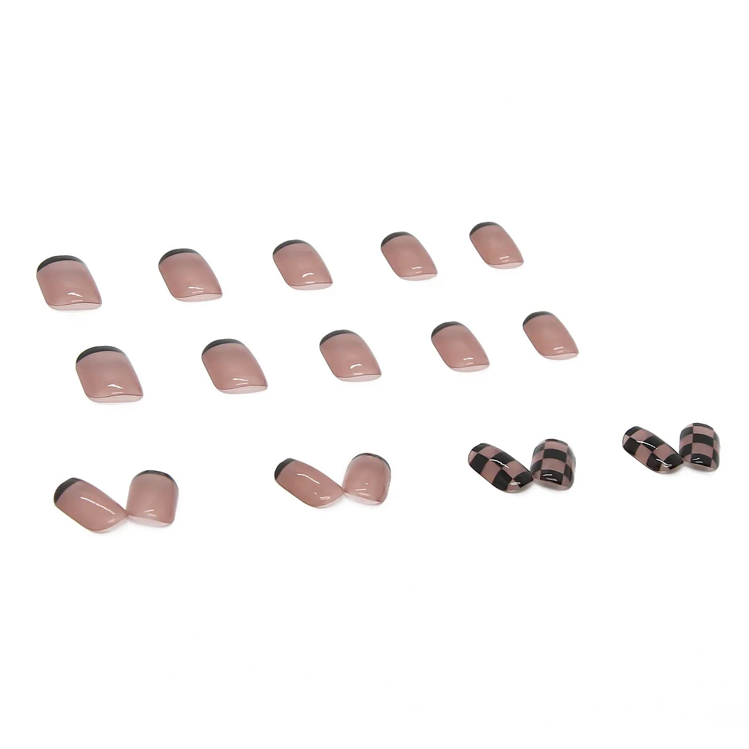 New Black Grids Nail Patch French Style Wearable  Removable Short Square Head Manicure Tool Nail Art 24PCS  False Nail Patch-Nail Inspo