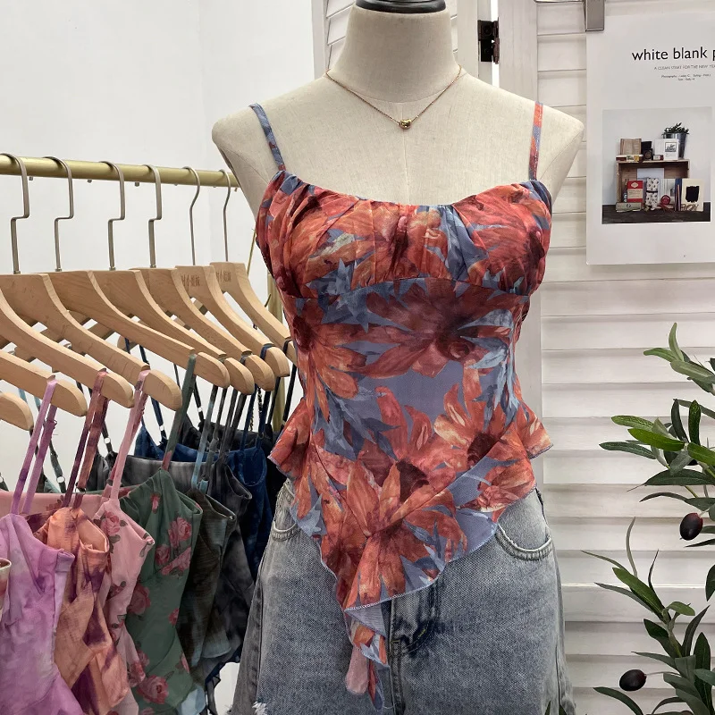 Nigikala Nigikala Shoot 辣tie Bra Irregular Sling Sling Vest Slimming Print Mesh Sleeveless Top 8950