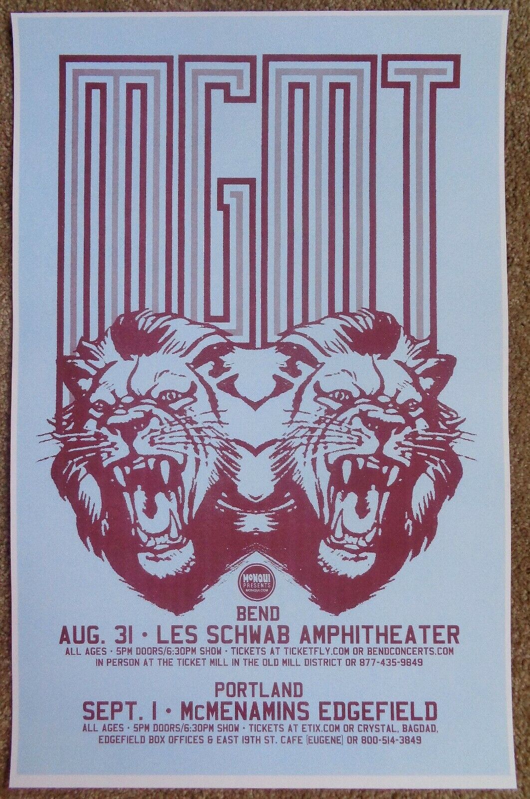 MGMT 2013 Gig POSTER Bend & Edgefield Portland Oregon Concert