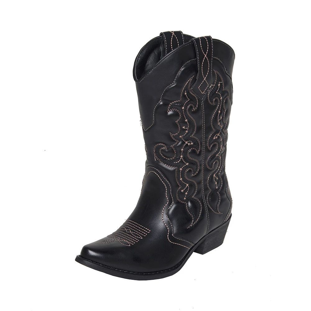 Black Cowgirl Boots Block Heel Mid Calf Boots