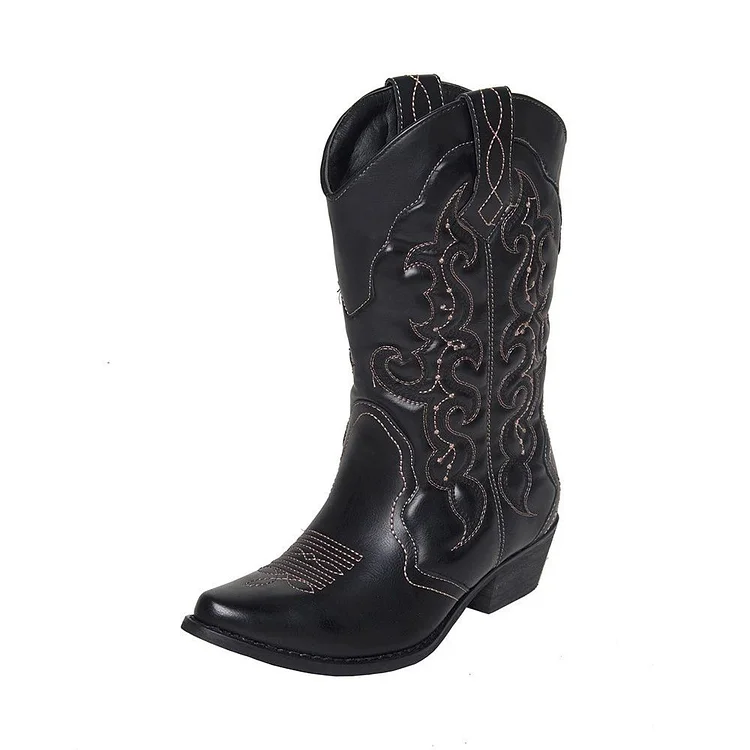 Black Cowgirl Boots Block Heel Mid Calf Boots |FSJ Shoes