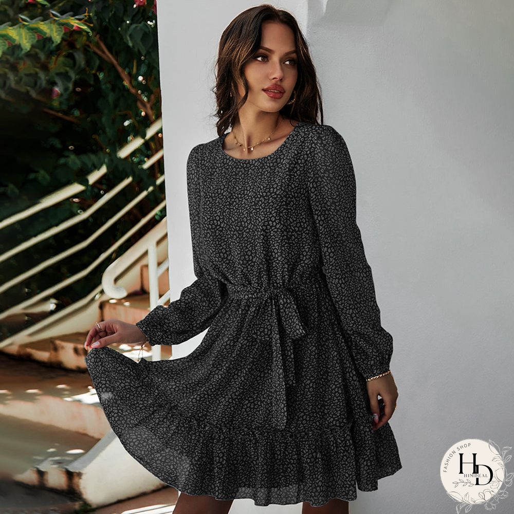 Round Neck Long Sleeve Floral Wrap Tie Waist Mini Dress
