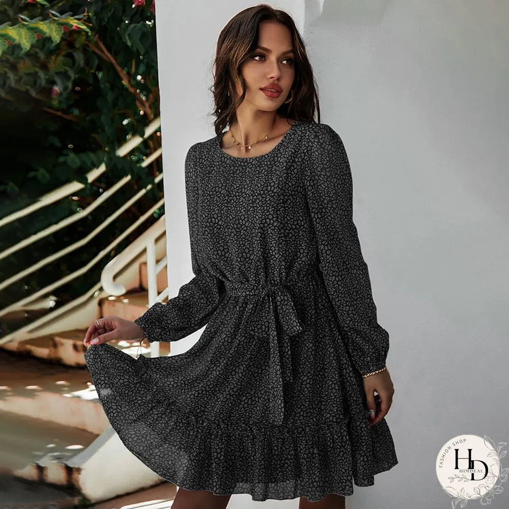 Round Neck Long Sleeve Floral Wrap Tie Waist Mini Dress