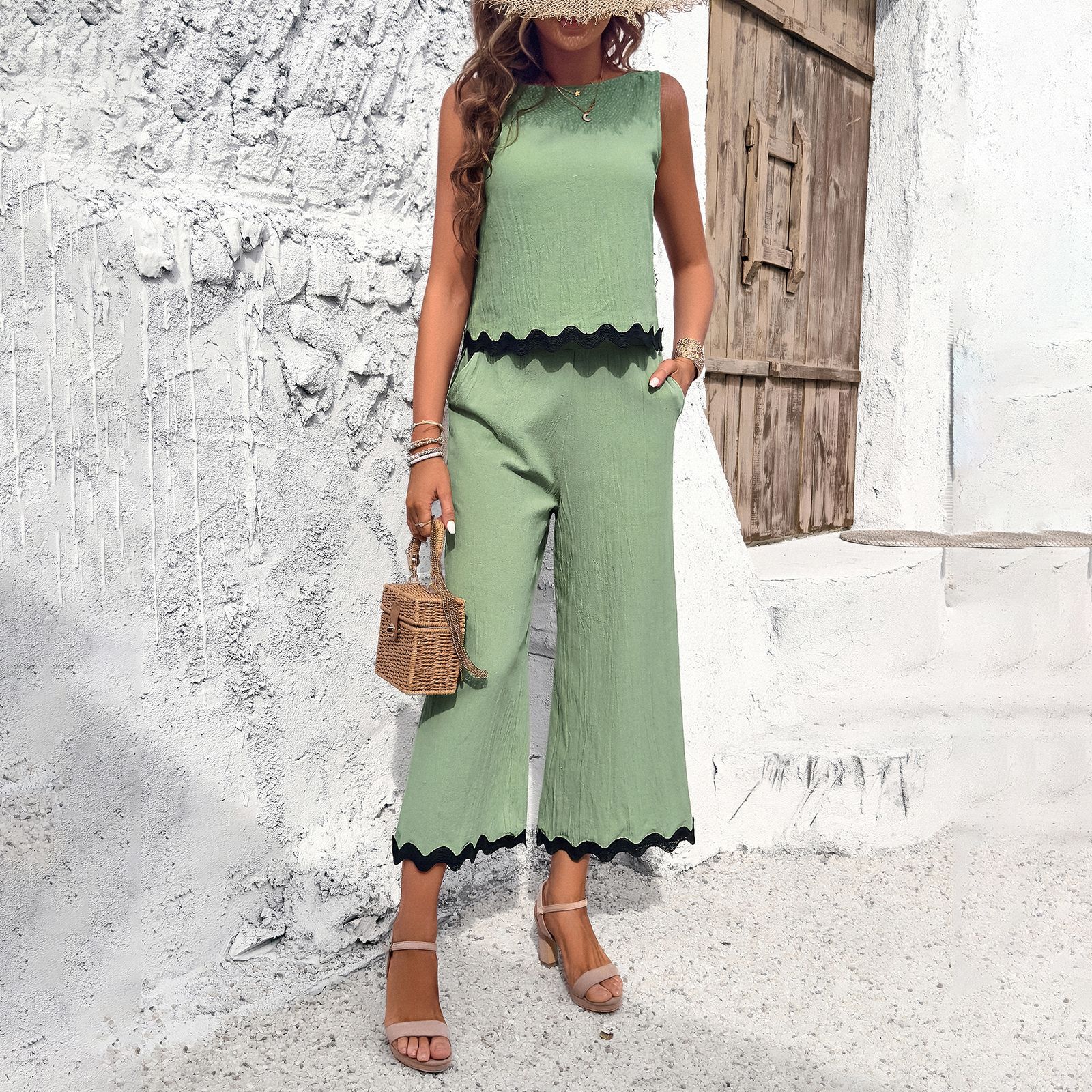 Mature Women Summer Top And Straight Trousers Casual Solid Two Piece Set Suit