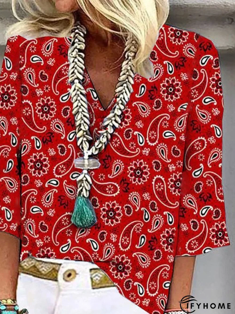 Women's Weekend Daily Casual Floral V Neck Loose Three Quarter Sleeve Top | IFYHOME