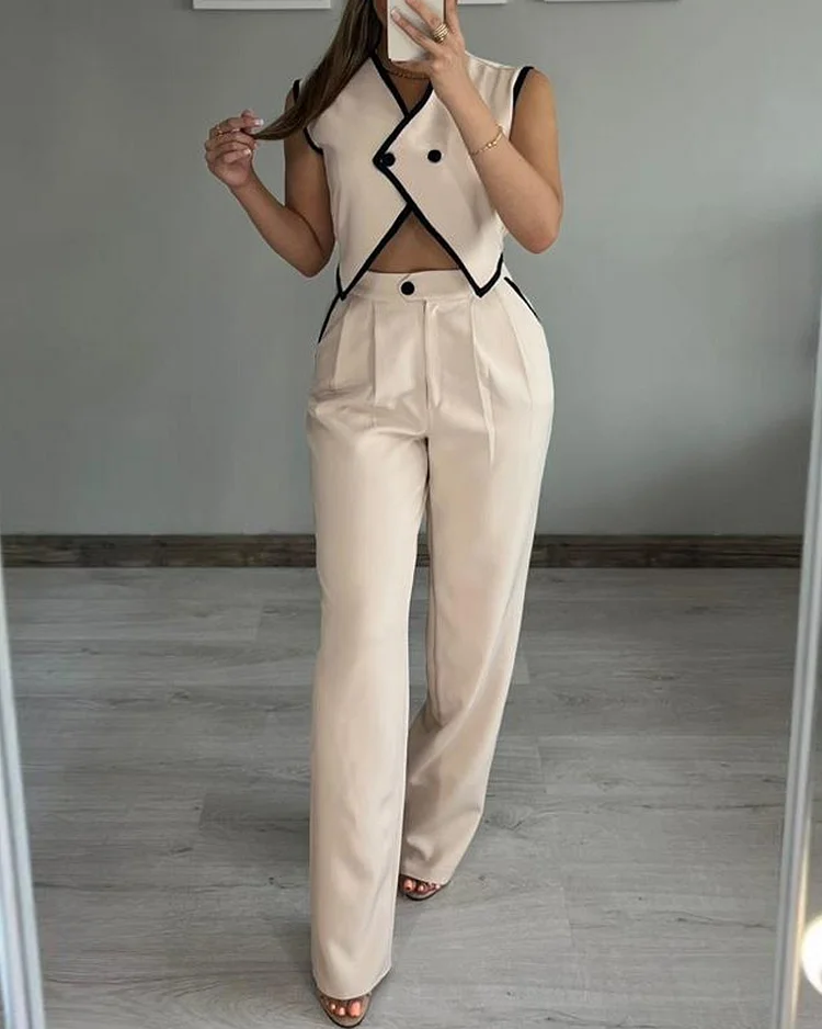 Sleeveless solid color vest two-piece set