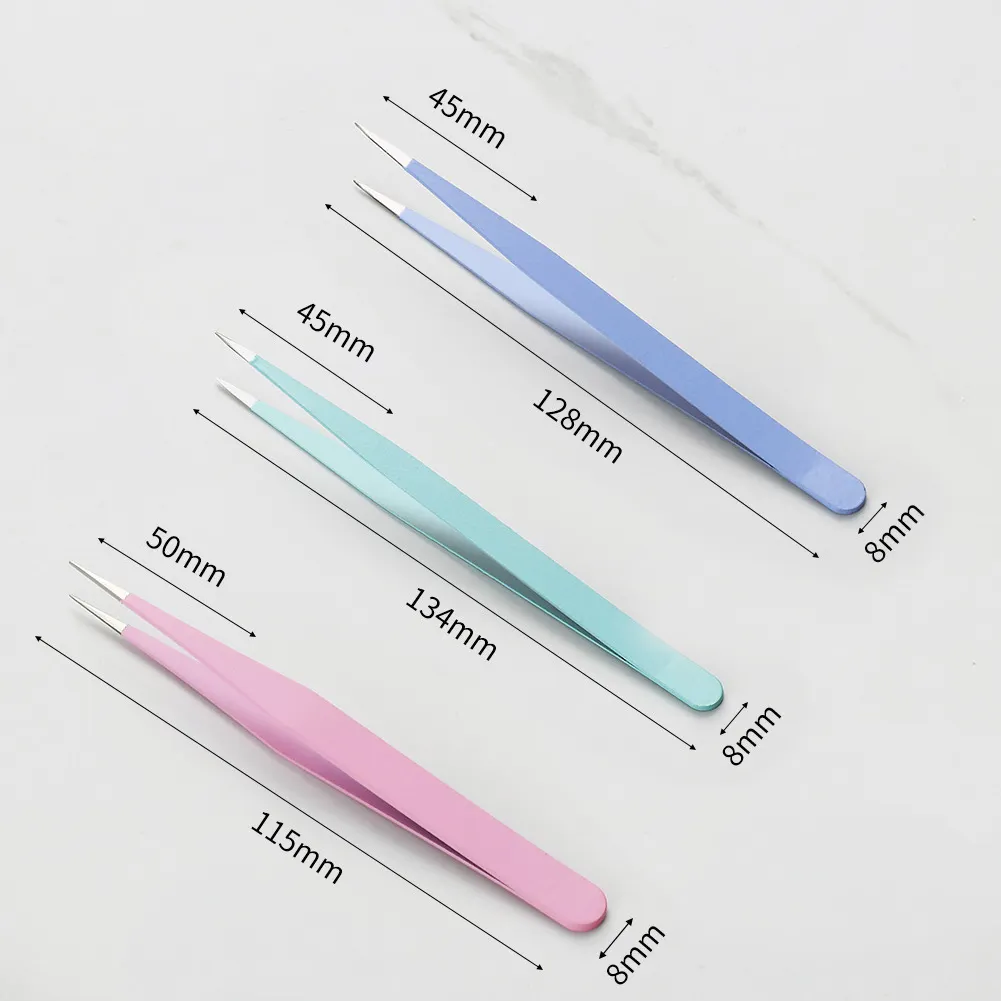 3pcs Macaron Stainless Steel Straight Elbow Pointed Drill Tweezers