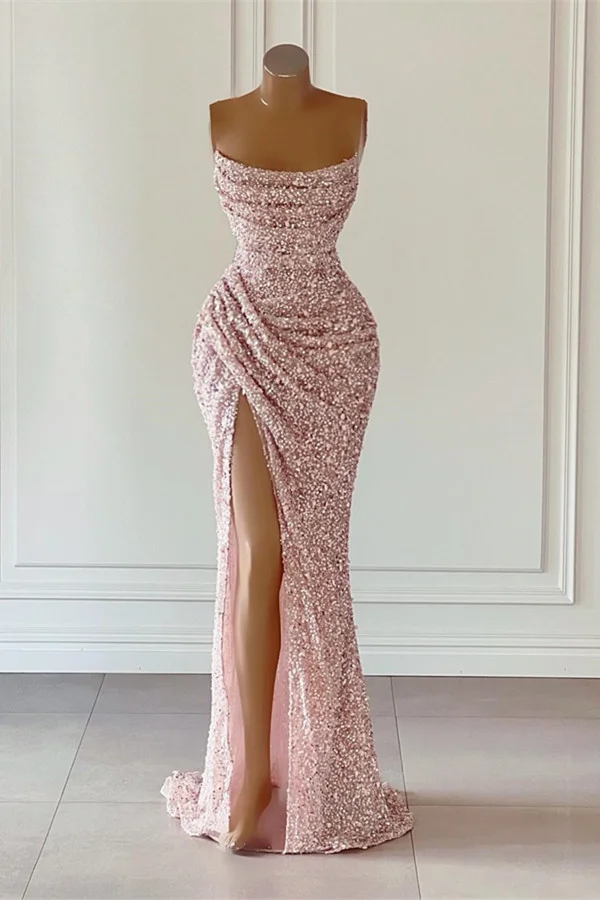 Daisda Dusty Pink Square Neck Sleeveless Mermaid Prom Dress Long Slit with Sequins