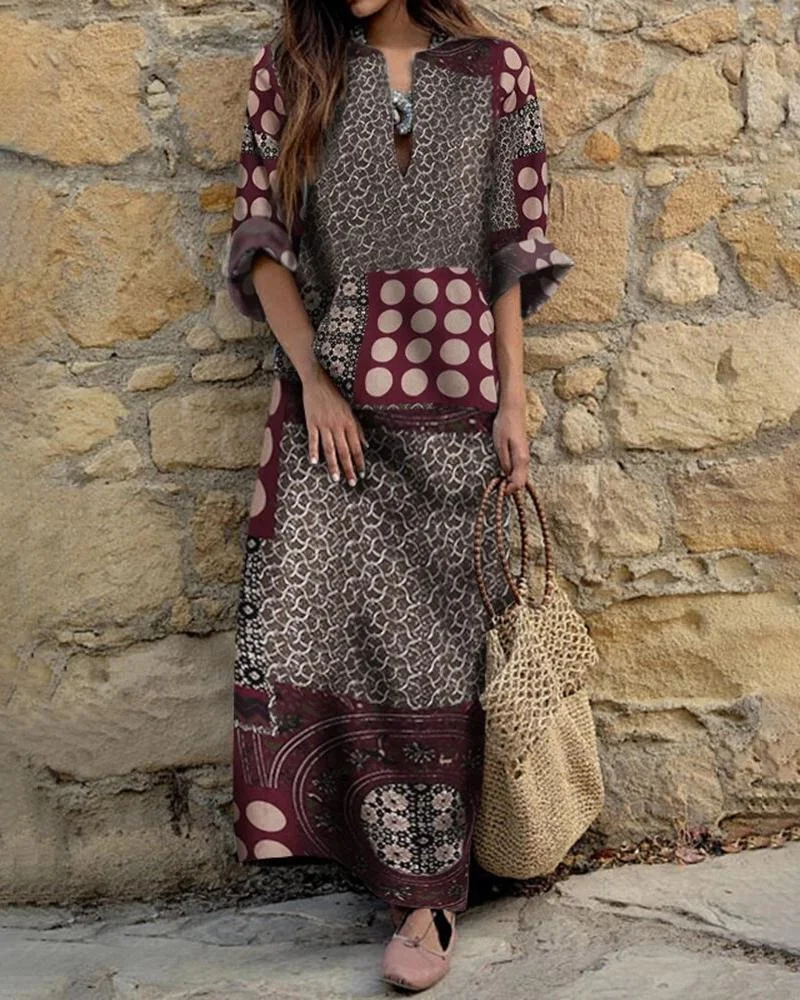 Women's Tribal Print V Neck Maxi Dress