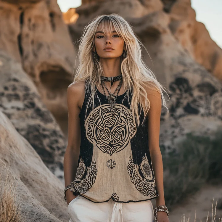 Utbros Women's Viking Tribal Ethnic Art Linen Sleeveless Top