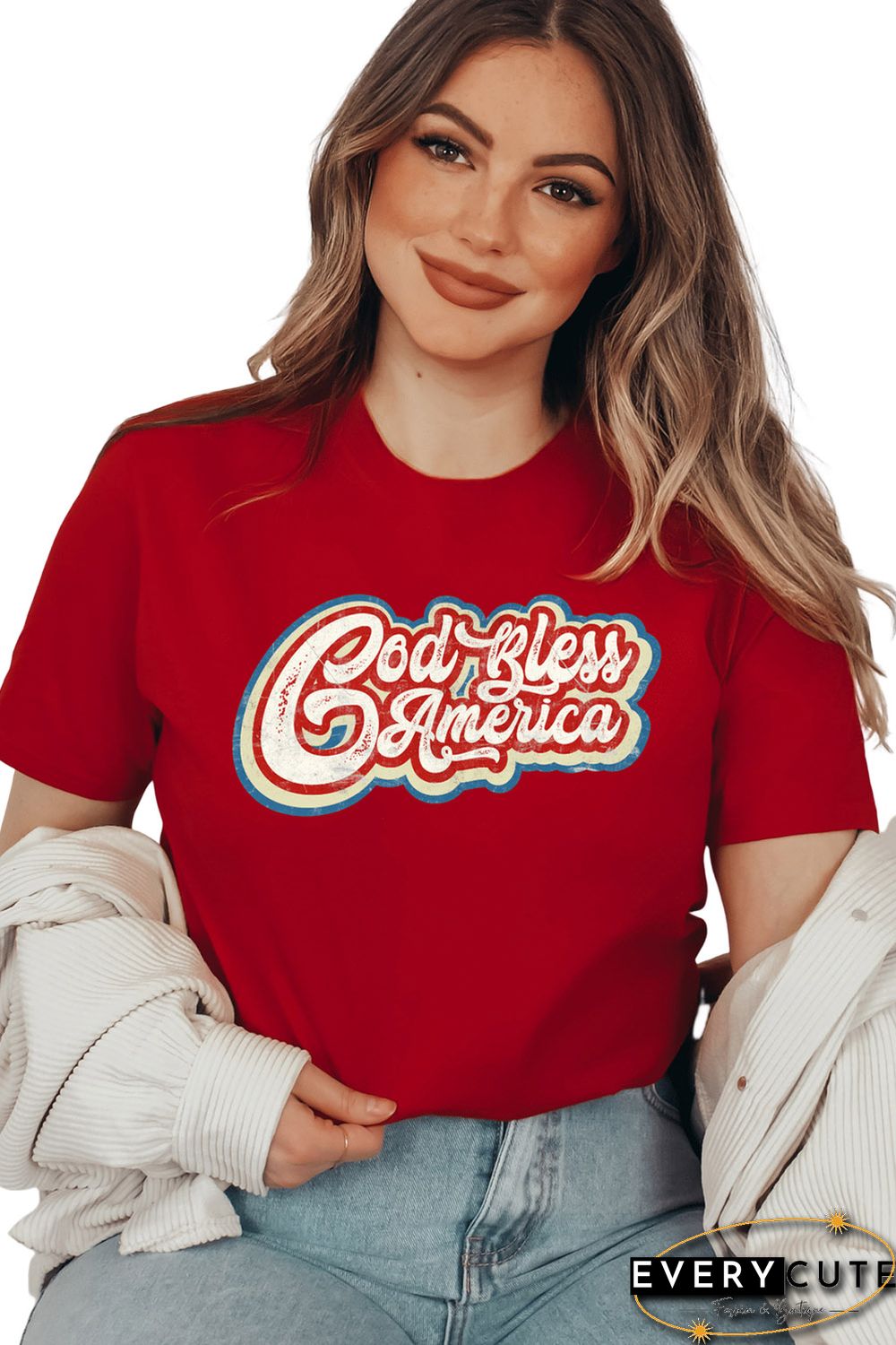 Red God Bless America Graphic Print Short Sleeve Top