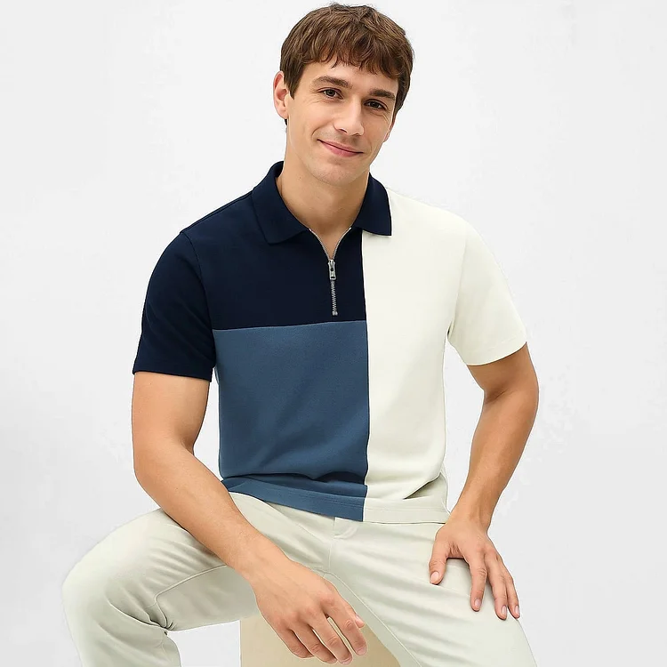 100% Cotton Colorblock Half-Zip Polo In Navy Blue QueenFunky