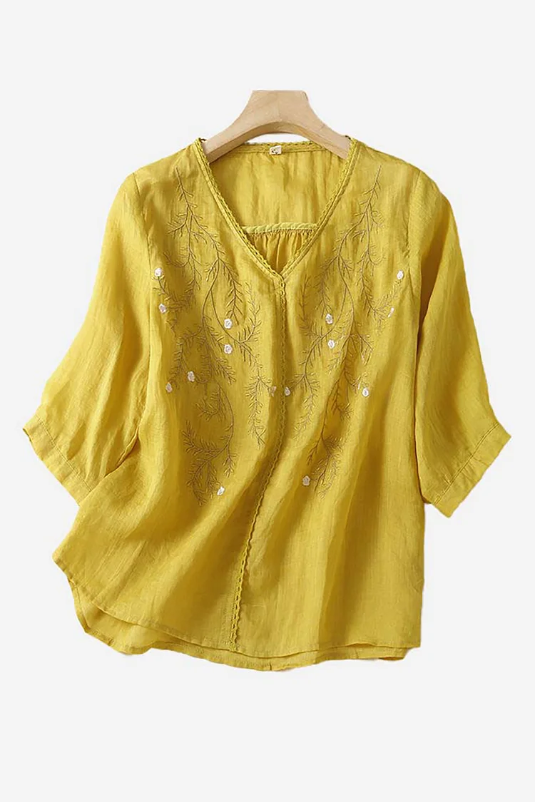 Linen V Neck Three Quarter Sleeve Embroidery Top