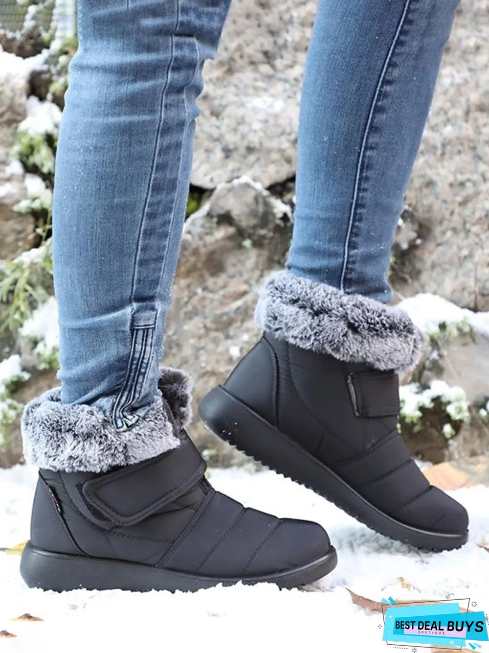 Faux Fur Cuff Snow Boots with Hook and Loop