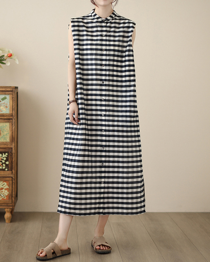 Checkered Pattern Sleeveless Shirt Collar Side Split Midi Dress