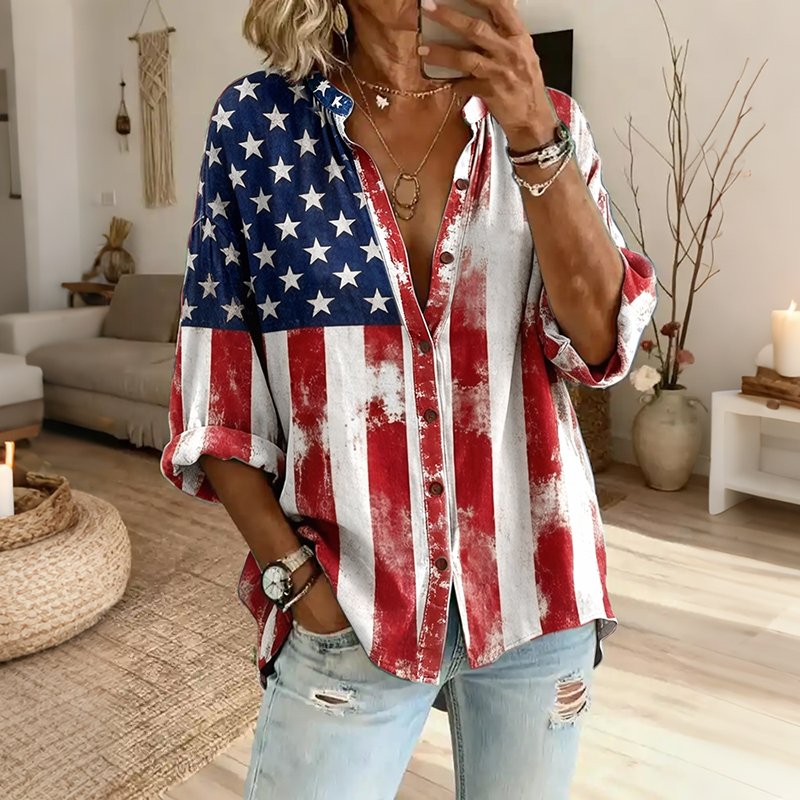  Women's Vintage Star Flag Wave Art Print Tshirt Westsshops