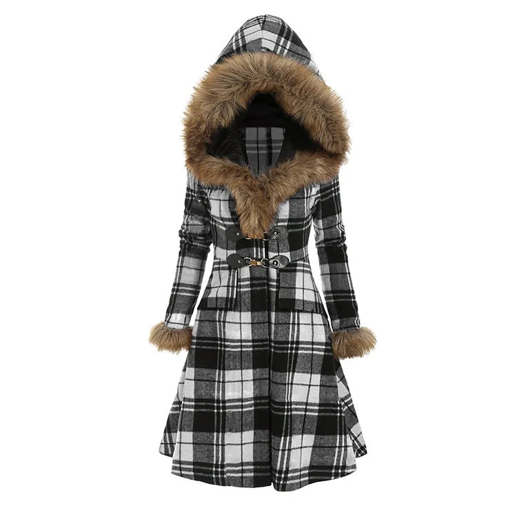 Women's Hooded Jacket Fur Check Slim Jacket