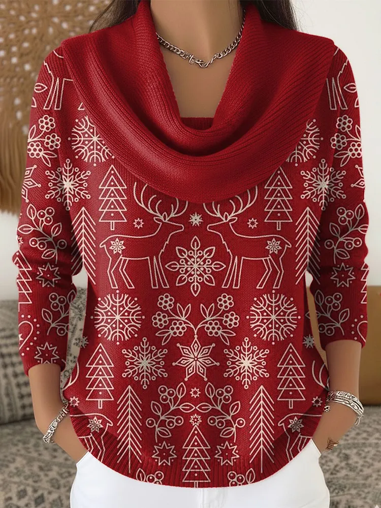 Women's Christmas Pattern Art Print Cowl Neck Sweater