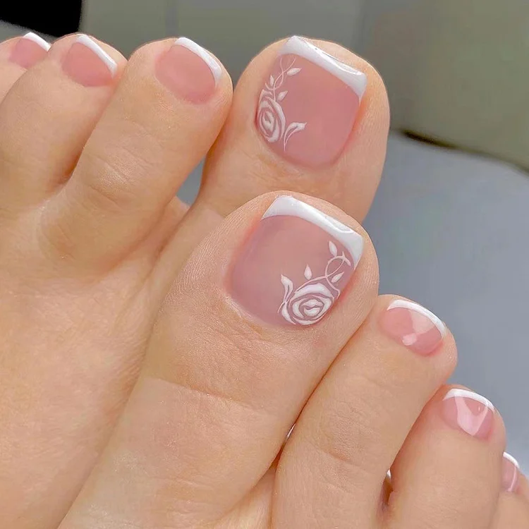 24pcs/Set Toenails White Edge French Rose Flower Wear Nails Press On Nails