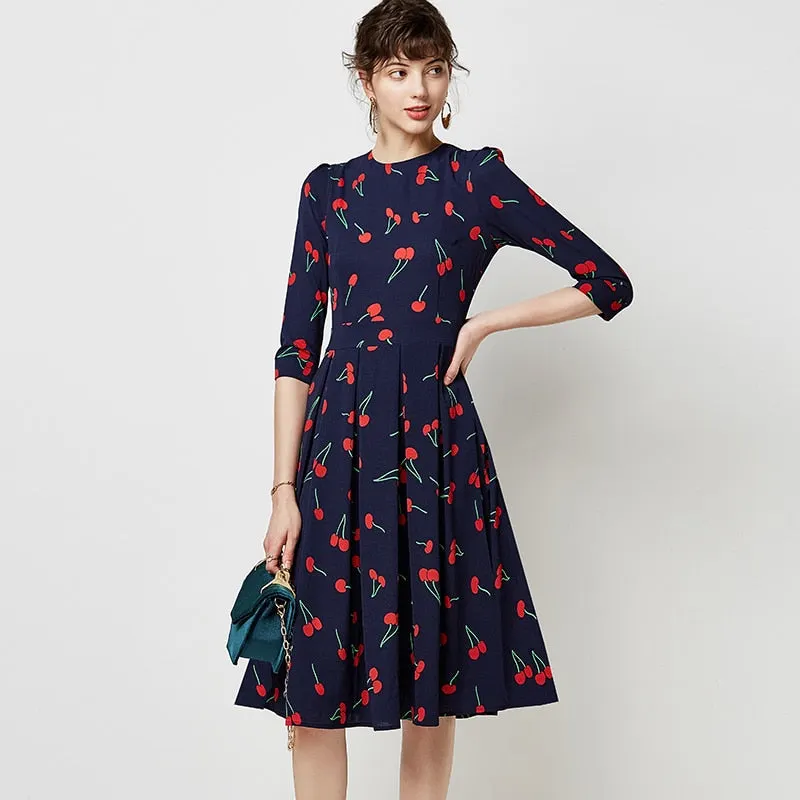 Aachoae Printed Dress For Women 2021 Vintage Three Quarter Sleeve Draped Dress Autumn Round Neck A-line Midi Dresses Vestido