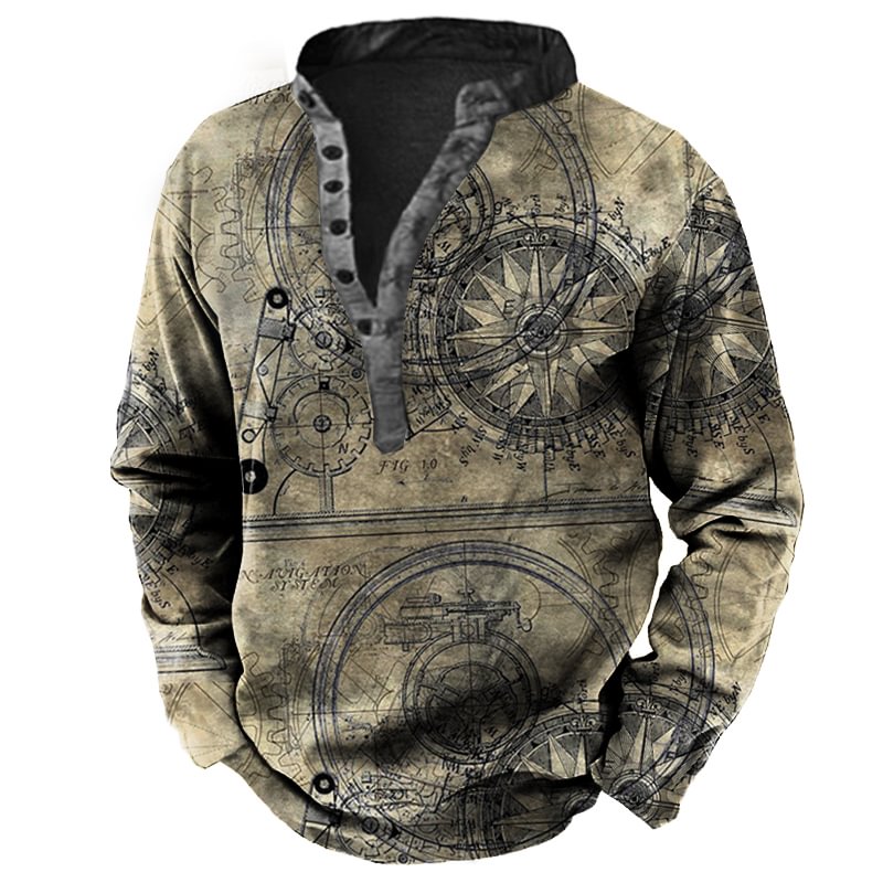 AutoWheel II Men's Outdoor Nautical Compass Print Henley Sweatshirt-Compassnice®