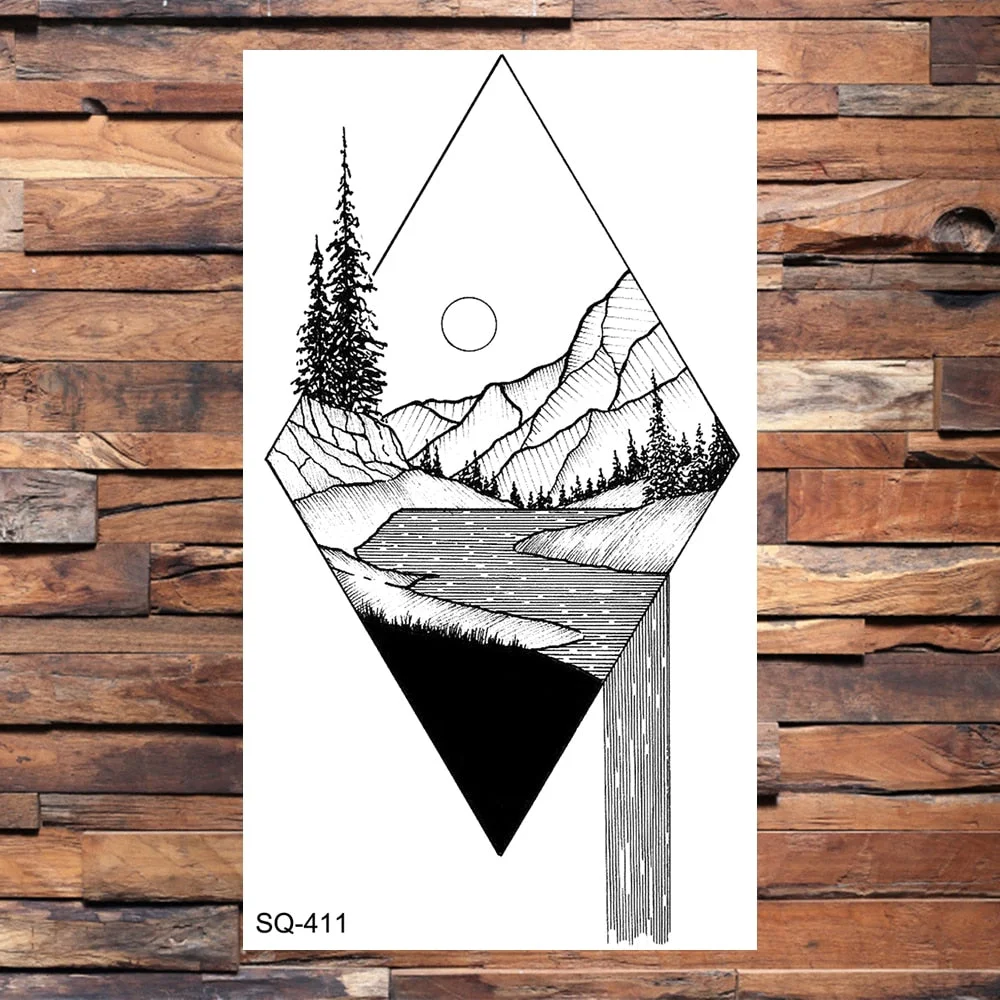 Small Forest Pine Tree Temporary Tattoos For Women Men Realistic Whale Mountain Sea Wave Fake Tattoo Sticker Arm Body Tatoos