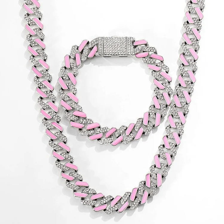 11mm Half Stones and Pink Enamel Cuban Link Choker Set