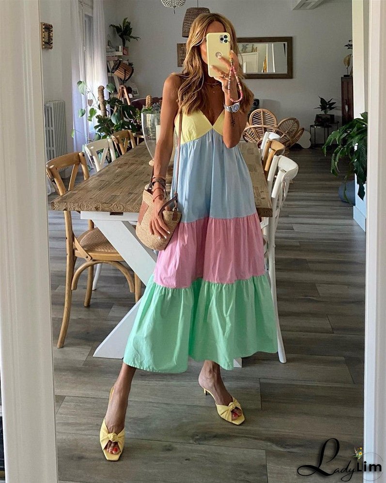 Sexy Sling Stitching Contrast Color Long Dress Beach Dress