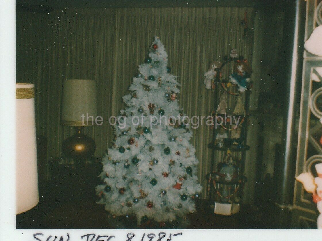 White Christmas Tree FOUND Photo Poster painting ColorOriginal Snapshot 80s 98 11