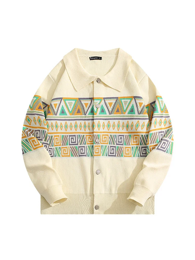 Demandernyc Men Women O-neck Jacquard Single-breasted Knitted Cardigan National Trendy Retro Casual Loose Versatile Couple Sweaters Jackets