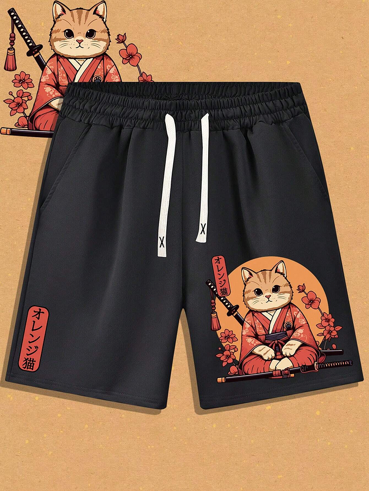 Men's Japanese Art Kimono Cat Print Drawstring Casual Shorts